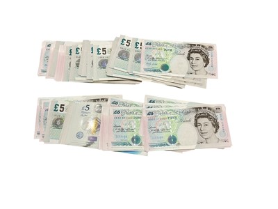 Lot 433 - G.B. - Mixed Bank of England Series 'E' historical issue, series 'G' first polymer issue circa 1990-2013, turquoise & multicoloured Five Pound banknotes to include Lowther x 57, Gill x 5, Ke...