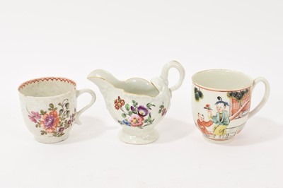 Lot 22 - First Period Worcester moulded porcelain ‘dolphin ewer’ cream or butter boat, c.1765-1770, decorated with flowers, together with a Worcester porcelain cup decorated with oriental figures c.1775,...