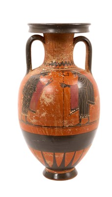 Lot 654 - Grand Tour terracotta Attic style two handled vase, with warriors and figures decorating the body.