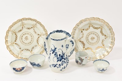 Lot 26 - Collection of First Period Worcester porcelain, to include ewer, three tea bowls, coffee can, pair of dessert plates and a dish. Various patterns and decorations in polychrome, blue and white and...