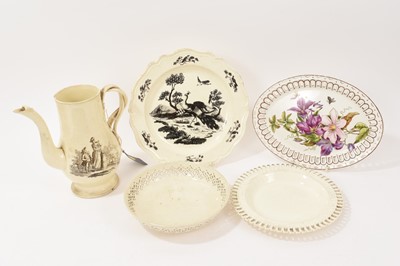 Lot 28 - Wedgwood Liverpool creamware plate, c.1780, with black transfer decoration of a peacock beside tree, together with a collection of other creamware to include a polychrome decorated botanical pl...