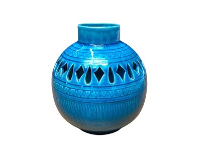 Lot 1114 - Faience teal-glazed vase of ovoid form, decorated in Persian taste with a pierced border, impressed and incised marks to base. Late 19th century.