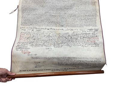 Lot 1422 - A 19th century “Fac-Simile of the National Covenant of Scotland, in its original form, with the Autographs of the principal leading Personages, Signed in ye year of God 1638”, a vellum scroll pr...