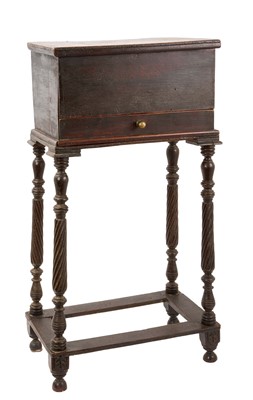 Lot 1238 - 18th century candle box on stand, hinged lid and drawer below, the box on turned legs joined by stretchers.