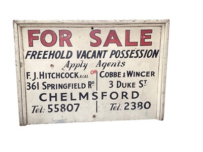 Lot 2480 - Chelmsford Estate Agents FOR SALE sign, c.1950. Painted wood, “FOR SALE, FREEHOLD VACANT PSSESSION, Apply Agents, FJ Hitchcock 361 Springfield Road or Cobbe & Wincer 3 Duke St, CHELMSFORD…”<...