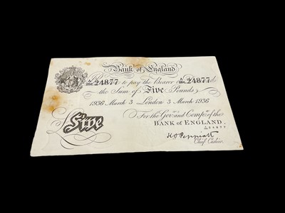 Lot 437 - G.B. - Bank of England Peppiatt white Five Pound banknote, London 3 March 1936, prefix A286 (N.B. Some staining to top and left of note) otherwise GVF (1 banknote)