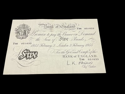 Lot 443 - G.B. - Bank of England O'Brien white Five Pound banknote, London 3 February 1955, prefix Y86 (N.B. Fold marked) otherwise AVF-VF (1 banknote)