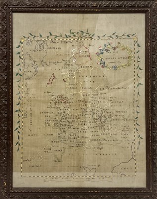 Lot 821 - Large 18th century needlework sampler map of England & Wales, by Isabella Heaton, Epworth, October 1799. The needlework with coloured county borders, title within a floral and leafy wreath....