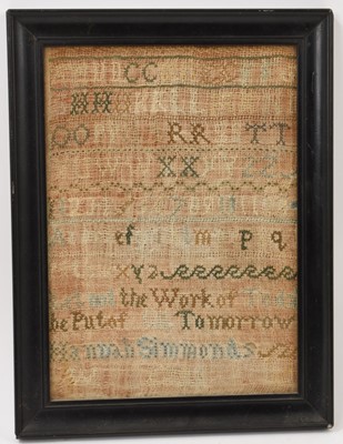 Lot 679 - 18th century needlework sampler, alphabet, numbers and text “Let not the Work of Today be put till Tomorrow, Hannah Simmonds, 1786”.