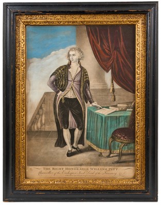 Lot 680 - The Right Honourable William Pitt, Chancellor if the Exchequer, First Lord of the Treasury. Rare coloured mezzotint, after Isaac Cruikshank, published February 20th 1790 by R. Sayer, No 53, Flee...