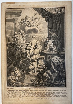 Lot 313 - The Triumph Of Painting, engraving on laid paper, 18th century, Plate 1, printed for Robert Sayer, No 53 Fleet Street, London. Signed in the engraving “B. Picart invenit et fecit 1725”. Unframed...