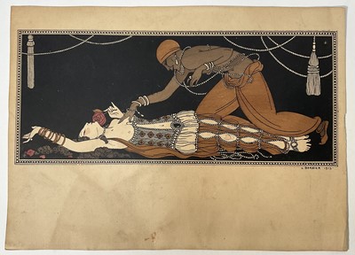 Lot 317 - George Barbier (1882-1932) 20th Century illustrator. Early 20th Chromolithograph. Nijinsky as the Golden Slave in “Sheherazade”, Sheherazade on her deathbed. Signed and dated lower right...