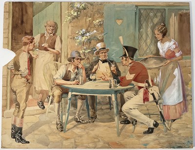 Lot 319 - Woolley. Late 19th or early 20th century. Watercolour on artist board. Soldier engaging with stories outside a tavern. Signed “Woolley” lower right. Unframed 41cm x 53cm