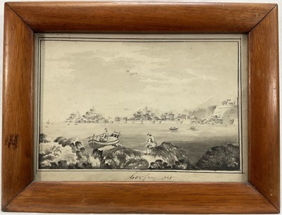 Lot 310 - Early 19th century Grand Tour monochrome watercolour “Corfu”, view of fishermen in bay with the city in the distance