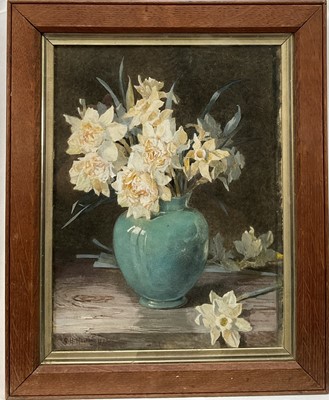 Lot 214 - Grace H Hastie, 1839-1926. Watercolour still life study, daffodils arranged in turquoise vase. Signed and dated lower left 1879. In oak frame with gilt slip, label in ink verso “No 1093 Royal Sc...