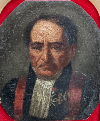 Lot 309 - 18th or 19th century small portrait study, oil on board, gentleman wearing medals. In a 19th century gilt frame