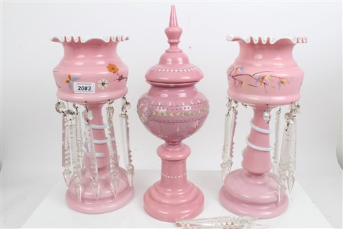 Lot 2083 - Pair of Victorian pink glass lustres with...