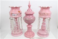 Lot 2083 - Pair of Victorian pink glass lustres with...