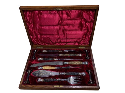 Lot 2463 - Victorian meat and fish carving/serving set with horn handles in original fitted oak case