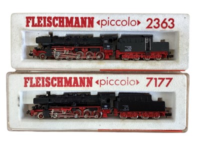 Lot 1912 - Fleischmann Piccolo N Gauge 2-10-0 DB back & red locomotives with eight wheel tenders, both boxed No.s 7177 & 2363 (2)