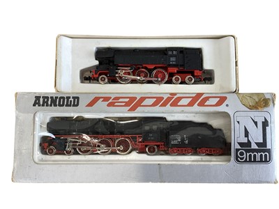 Lot 1916 - Arnold Rapido N gauge 2-6-2 DB black & red locomotives with eight wheel tenders No.0223 & 4-6-2 DB black & red locomotive with eight wheel tenders No.0254, plus 0-6-0 DB black &...