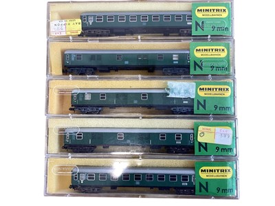 Lot 1917 - Minitrix N Gauge DB green coaches No.s 3009, 3010, 3011, 3013 & 3027, plus Arnold Rapido DB green coaches No.s 0331 & 0332, all boxed (7)