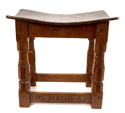 Lot Rare early Robert 'Mouseman' Thompson oak stool, with bowed burr wood top and signature mouse to the facetted legs, carved to stretcher and dated 'MAUD 1936'