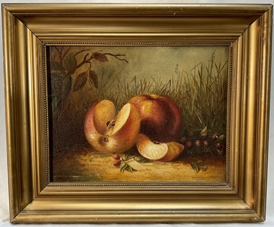 Lot 342 - English School, 1880s, oil on canvas, still life of fruit, 16.5cm x 22cm, in gilt frame.