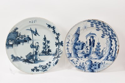 Lot 4 - Two mid 18th century English tin glazed chargers, Long Eliza pattern and another with a chinaman in landscape (2)