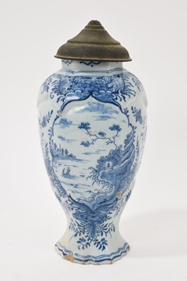 Lot 7 - 18th century tin glazed pottery baluster shape vase, later metal lid