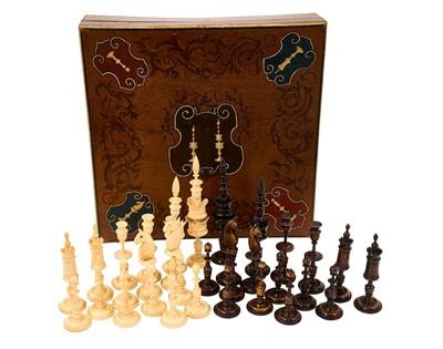 Lot 704 - 18th / 19th century turned and stained bone Selenus chess set