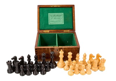 Lot 706 - Staunton chess set with weighted turned wooden chess pieces, retailed by John Jacques, London, in wooden box
