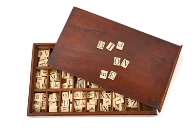 Lot Rare Georgian set of carved bone alphabet letters in original mahogany box