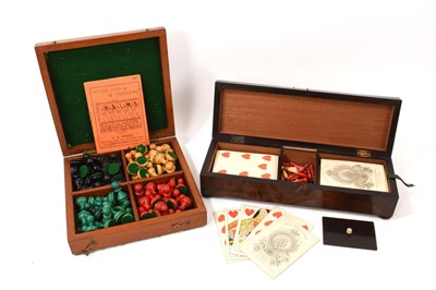 Lot 708 - 19th century rosewood cribbage box retailed by 'Pearce, 77 Cornhill, London' containing two sets of playing cards, set of Victorian turned wooden draughts in mahogany box, and a Victorian set of...