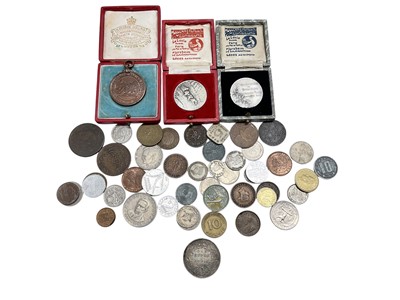 Lot 453 - World - Mixed coins and medallions to include India silver Rupee 1884 GVF, AE Royal Life Saving Medallion awarded to Lieutenant G.M.A. Rowe RN September 1908 (Cased), AE Bobsleigh Club Awards x...