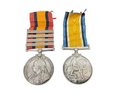 Lot 703 - Queen's South Africa medal with four clasps- Belfast, Diamond Hill, Johannesburg and Laing's Nek renamed to 5404 CPL. C. E Padden. 1st Bn. R. Fus. together with a First World War War medal named...