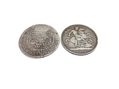 Lot 455 - World - Austria Leopold silver Thaler 1632 (N.B. Obv: Solder marks at 9 o'clock & 3 o'clock & bent flan) otherwise VF & Victoria JH Crown 1890 VG (2 coins)