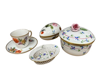 Lot 83 - Herend Cornflower Blue Garland pot and cover and matching basket, Herend egg-shaped box and cover and Royal Copenhagen cup and saucer