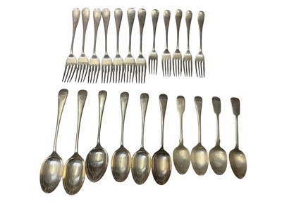 Lot 104 - Collection of silver Old English, Hanoverian and Fiddle pattern flatware, (various dates and makers), all at 44ozs.
