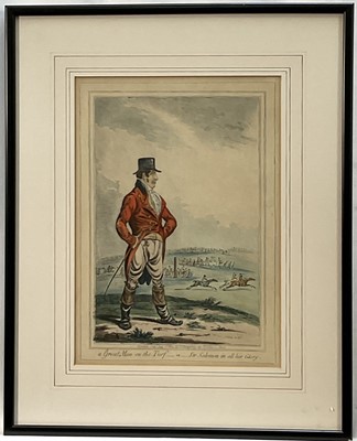 Lot 990 - James Gillray (1757-1815) hand-coloured engraving, 'a Great Man on the Turf, or, Sir Solomon in all his Glory', published 1803