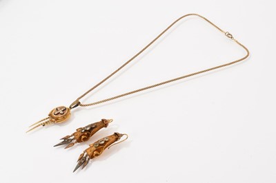 Lot 439 - Pair of Victorian gold and gem-set pendant earrings, together with a Victorian diamond cross pendants
