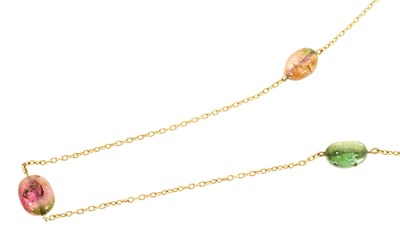 Lot 448 - Antique yellow metal chain with three watermelon tourmalines