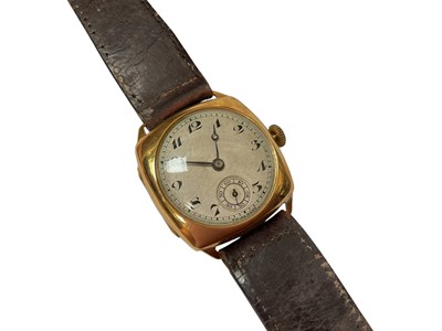 Lot 94 - 1930s 18ct gold cased wristwatch on leather strap