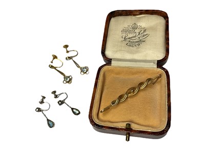 Lot 97 - Pair of vintage 9ct gold gem set screw back earrings, one white metal other pair and 9ct gold bar brooch