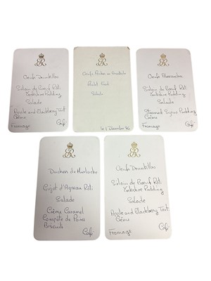 Lot 3 - H.M. Queen Elizabeth The Queen Mother, five handwritten Royal menus on gilt embossed crowned ER cypher menu cards (5)