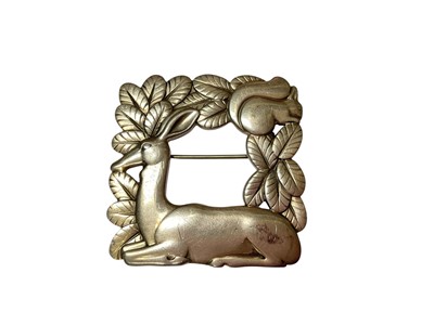 Lot 76 - Georg Jensen Danish silver foliate square brooch with a deer and squirrel, designed by Arno Malinowski, stamped and numbered 318 (London import mark 1972), 4cm