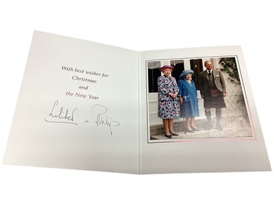 Lot 6 - H.M. Queen Elizabeth II and H.R.H. The Duke of Edinburgh, scarce hand signed 1999 Christmas card with twin gilt embossed Royal cyphers to cover, colour photograph of the Royal couple with The Quee...