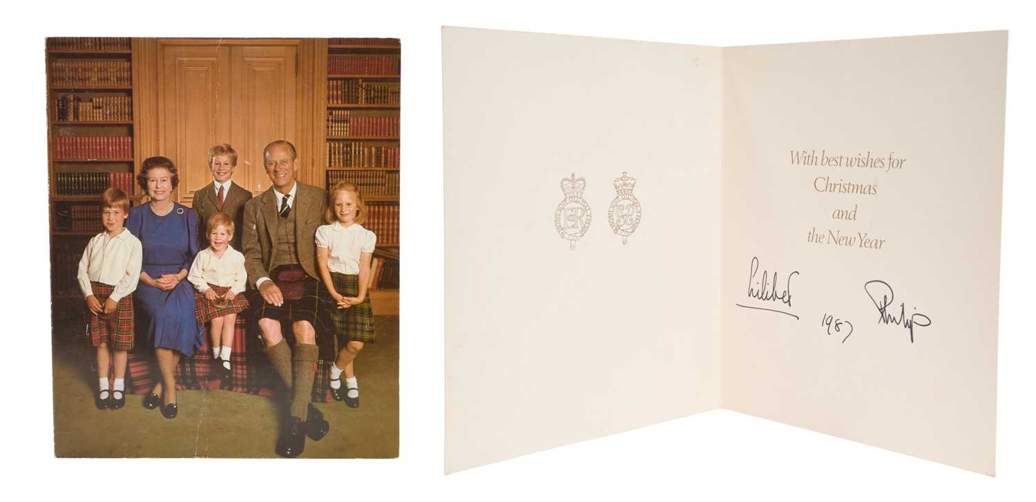 Lot 16 - H.M. Queen Elizabeth II and H.R.H. The Duke of Edinburgh, scarce hand signed 1987 Christmas card with twin gilt embossed Royal cyphers