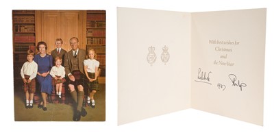 Lot 16 - H.M. Queen Elizabeth II and H.R.H. The Duke of Edinburgh, scarce hand signed 1987 Christmas card with twin gilt embossed Royal cyphers