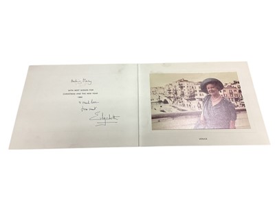 Lot 8 - H.M. Queen Elizabeth The Queen Mother, scarce signed 1984 family Christmas card with gilt embossed crown to cover, colour photograph of Her Majesty in Venice to the interior, signed in ink 'Darl...